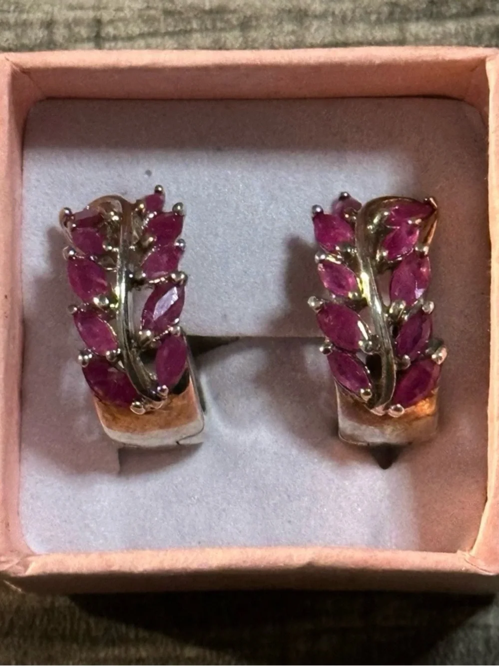 Vintage Sterling Silver Pink/Red Ruby Hinged Huggie Earrings For Pierced Ears - Picture 1 of 10